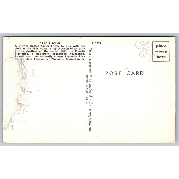 Postcard Massachusetts Plymouth Rock Plantation First House Cradle Scene c1950s - Picture 2 of 2